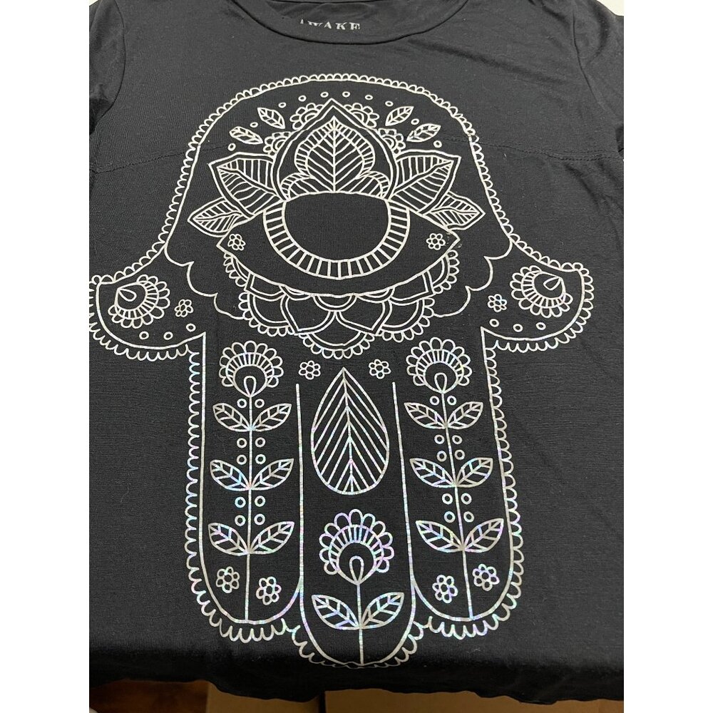Awake graphic tee black t-shirt size S Hamsa Hand Eye Protection Symbol Rayon - Picture 6 of 7